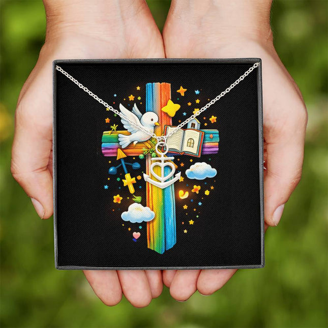 Rainbow Cross Open Bible | Christian Anchor Pendant Necklace | Gift for Kids