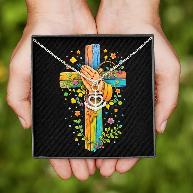 Rainbow Cross Praying Hands | Christian Anchor Pendant Necklace | Gift for Kids