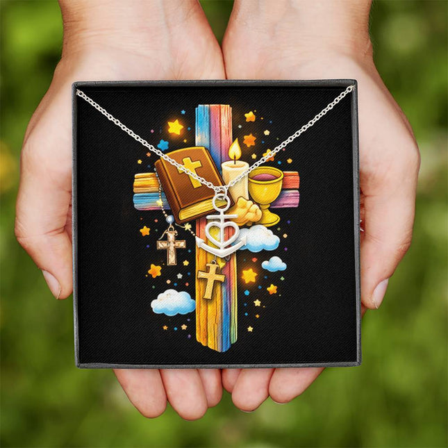 Rainbow Cross Bible And Cross | Christian Anchor Pendant Necklace | Gift for Kids