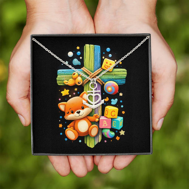 Rainbow Cross Little Fox | Christian Anchor Pendant Necklace | Gift for Kids