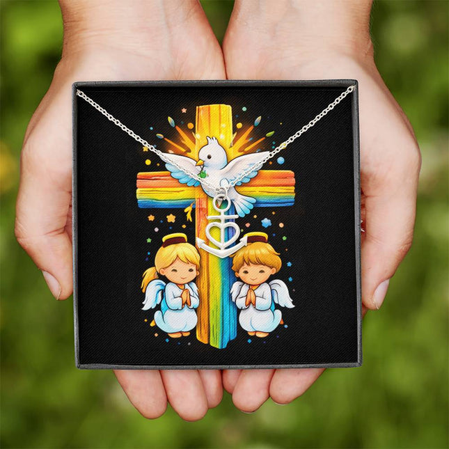 Rainbow Cross Angels And Dove | Christian Anchor Pendant Necklace | Gift for Kids