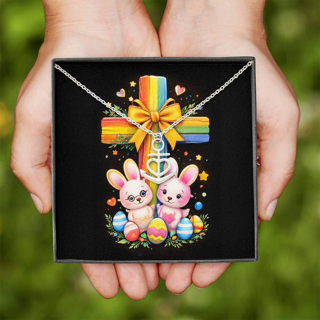 Rainbow Cross Bunnies | Christian Anchor Pendant Necklace | Gift for Kids