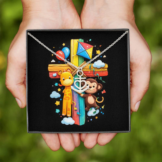 Rainbow Cross Jungle Animals | Christian Anchor Pendant Necklace | Gift for Kids