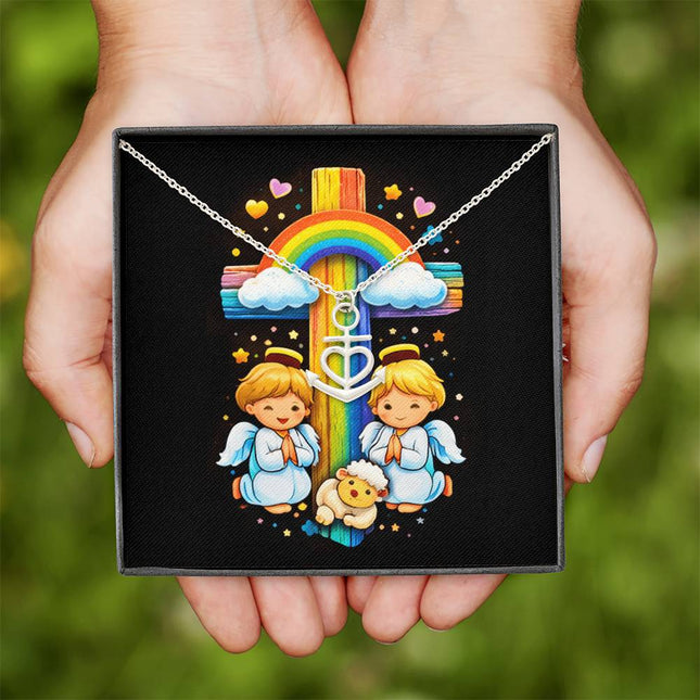 Rainbow Cross Cherub Angels | Christian Anchor Pendant Necklace | Gift for Kids