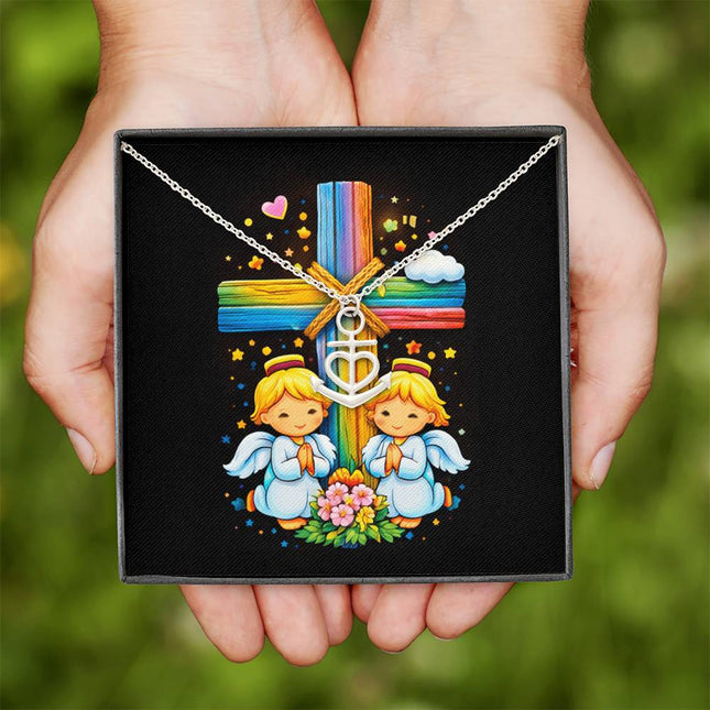 Rainbow Cross Angel Twins | Christian Anchor Pendant Necklace | Gift for Kids