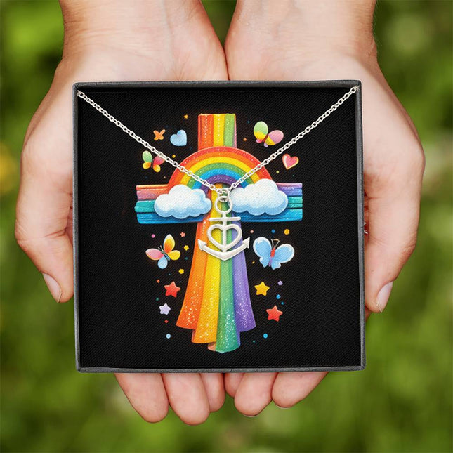 Rainbow Cross Butterfly | Christian Anchor Pendant Necklace | Gift for Kids