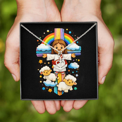 Rainbow Cross Jesus And Lamb | Christian Anchor Pendant Necklace | Gift for Kids