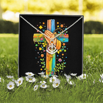 Rainbow Cross Praying Hands | Christian Anchor Pendant Necklace | Gift for Kids