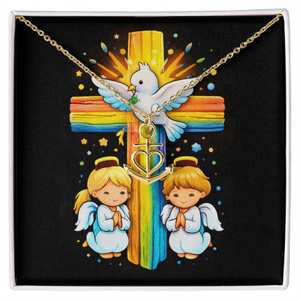 Rainbow Cross Angels And Dove | Christian Anchor Pendant Necklace | Gift for Kids
