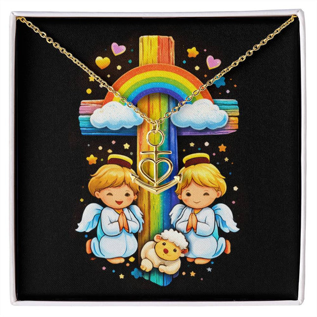 Rainbow Cross Cherub Angels | Christian Anchor Pendant Necklace | Gift for Kids