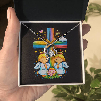 Rainbow Cross Angel Twins | Christian Forever Love Necklace | Gift for Kids
