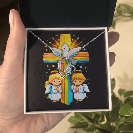 Rainbow Cross Angels And Dove | Christian Forever Love Necklace | Gift for Kids