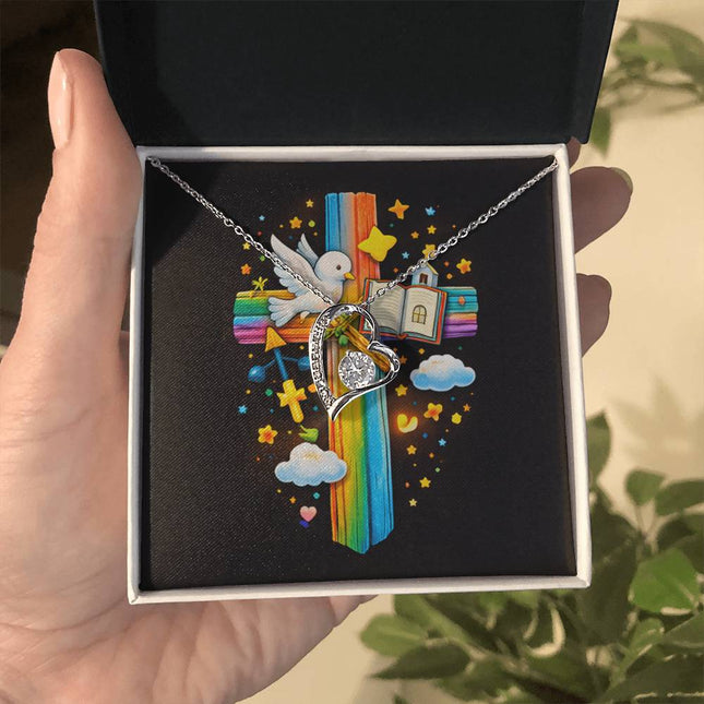 Rainbow Cross Open Bible | Christian Forever Love Necklace | Gift for Kids
