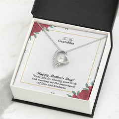 Christian forever love necklace with "Thank You for Sharing Your Faith & Teaching Me Love and Kind" message — modern Mother's Day gift for grandma, in luxury gift box