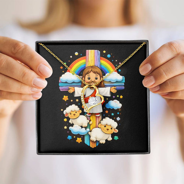 Rainbow Cross Jesus And Lamb | Christian Forever Love Necklace | Gift for Kids