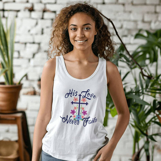 His Love Never Fails Tank Top | Christian Floral Cross Shirt