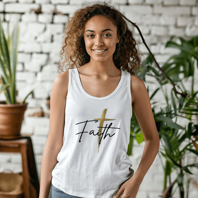 White unisex Christian tank top with “Faith” lettering and gold cross design on the front