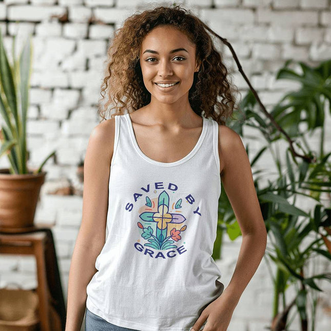 Saved By Grace Tank Top | Christian Floral Cross Shirt