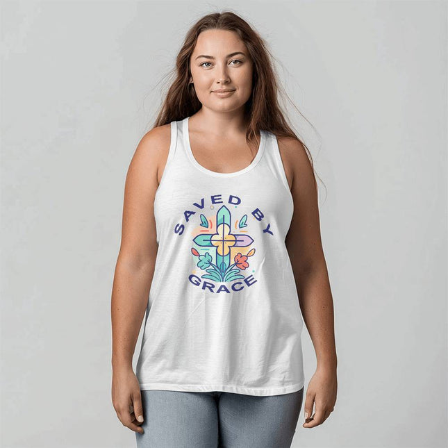 White Christian tank top with “Saved By Grace” floral cross graphic design