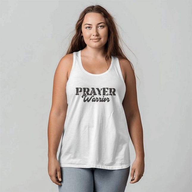 White “Prayer Warrior” Christian tank top with distressed faith typography design