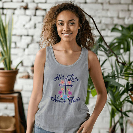 His Love Never Fails Tank Top | Christian Floral Cross Shirt