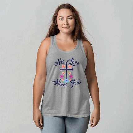 His Love Never Fails Tank Top | Christian Floral Cross Shirt