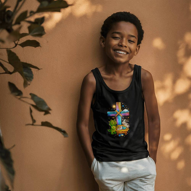 Baby Jesus & Dinosaur Rainbow Cross Kids Tank Top – Christian Gift for Kids