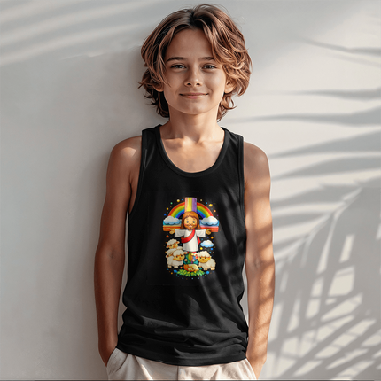 Cartoon Jesus & Lambs Rainbow Cross Kids Tank Top – Christian Gift for Kids