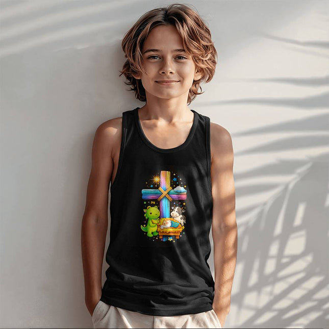Baby Jesus & Dinosaur Rainbow Cross Kids Tank Top – Christian Gift for Kids