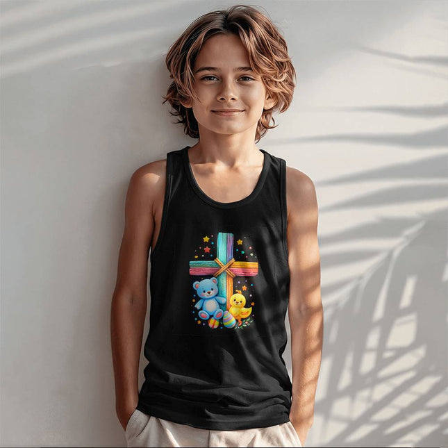 Teddy Bear & Easter Chick Rainbow Cross Kids Tank Top – Christian Gift for Kids