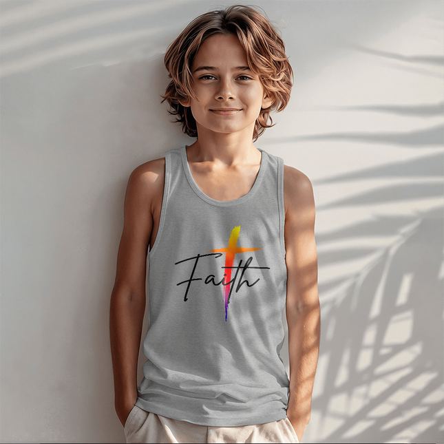 Kids Christian jersey tank top with “Faith” cross design, unisex youth tank for summer, VBS, youth events, and everyday play, faith-inspired gift for kids