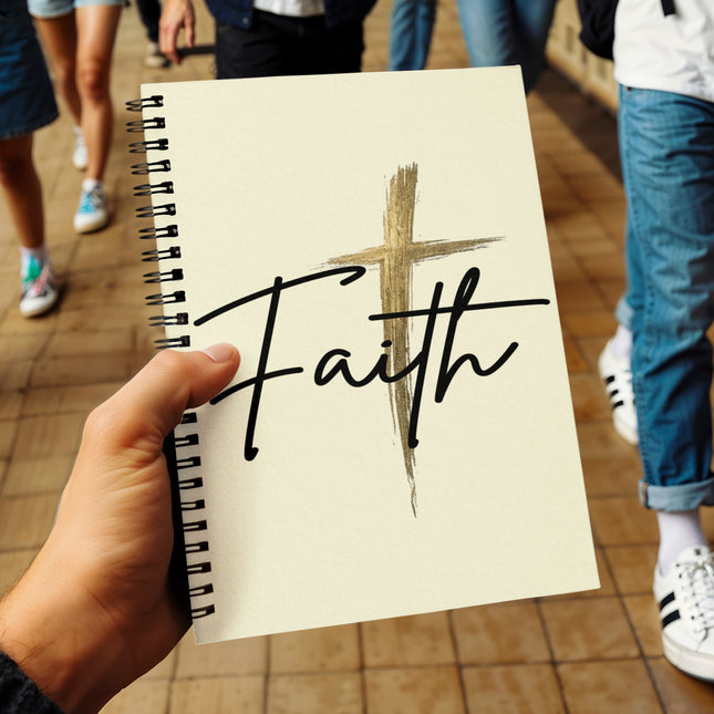 Faith cross gold Christian spiral notebook journal with “Faith” script cover, 6x8 ruled notebook for prayer journaling and Bible study notes