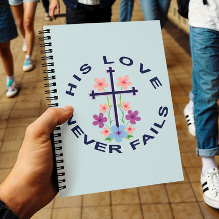 Christian Journal: His Love Never Fails Spiral Notebook | Light Blue | 6x8
