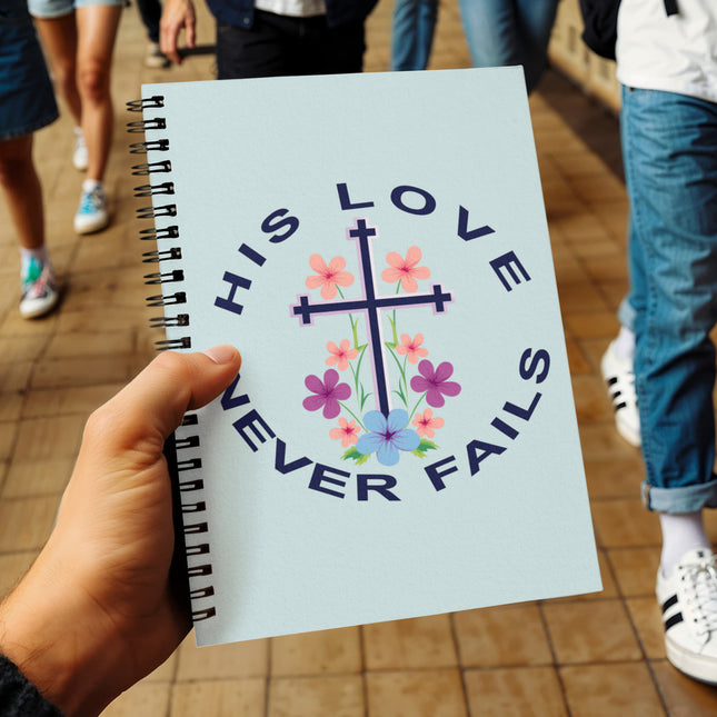 Christian Journal: His Love Never Fails Spiral Notebook | Light Blue | 6x8