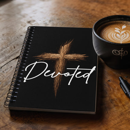 Black spiral notebook with a rustic wooden cross graphic and the word "Devoted" in white script on the cover, displayed on a rustic wood surface beside a black coffee cup.