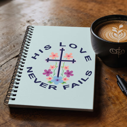 Christian Journal: His Love Never Fails Spiral Notebook | Light Blue | 6x8