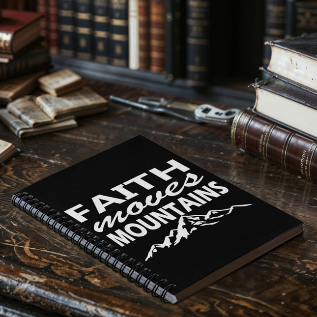 Black Christian spiral notebook with faith moves mountains text and mountain graphic – 6x8 faith journal