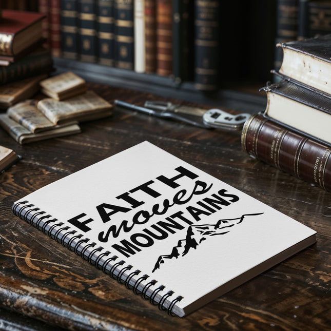 White Christian spiral notebook with faith moves mountains text and mountain graphic – 6x8 faith journal