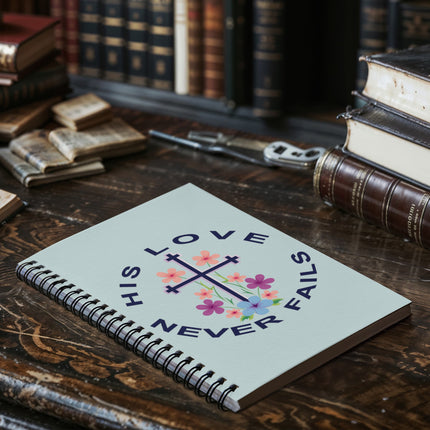 Light blue Christian spiral notebook with his love never fails text and floral cross design – 6x8 faith journal