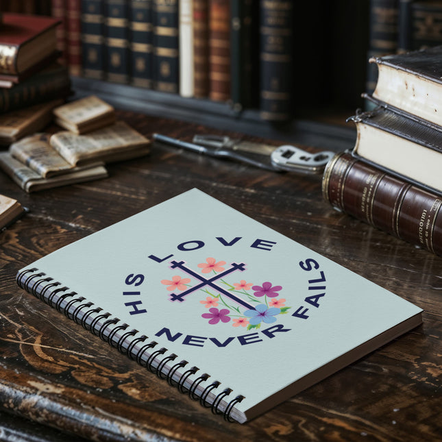Light blue Christian spiral notebook with his love never fails text and floral cross design – 6x8 faith journal
