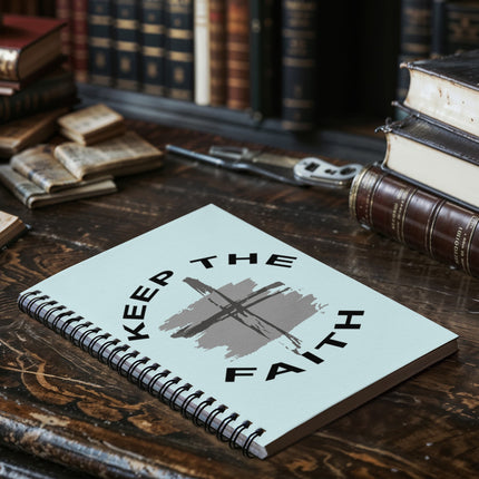 Light blue Christian spiral notebook with keep the faith text and cross over gray brush stroke – 6x8 faith journal