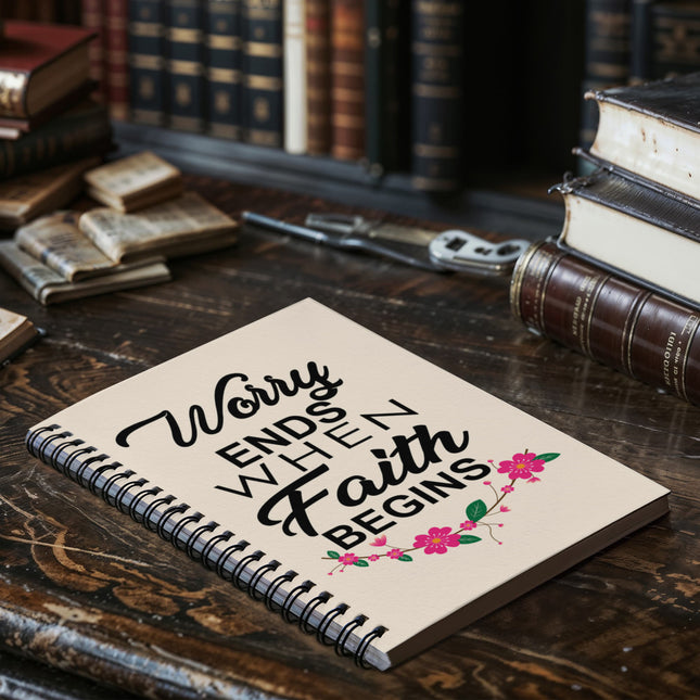 Cream Christian spiral notebook with worry ends when faith begins text and pink floral accents – 6x8 faith journal