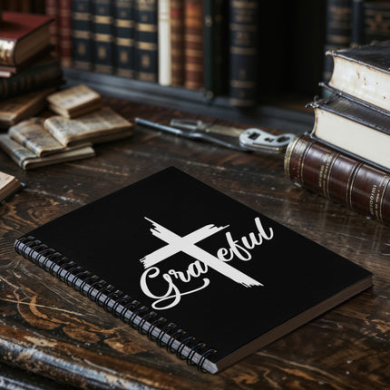 Black Christian spiral notebook with grateful script and white cross design – 6x8 faith journal