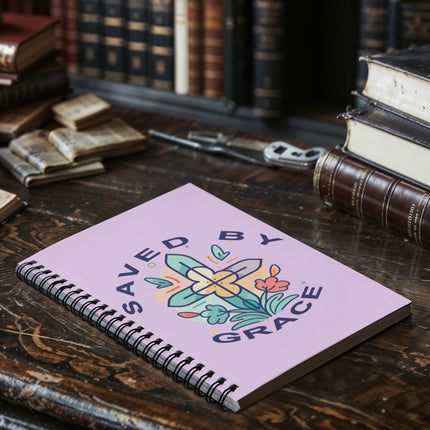 Lavender Christian spiral notebook with saved by grace text and floral cross design – 6x8 faith journal
