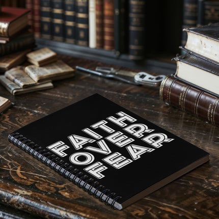 Black Christian spiral notebook with faith over fear text in bold white lettering – 6x8 faith journal