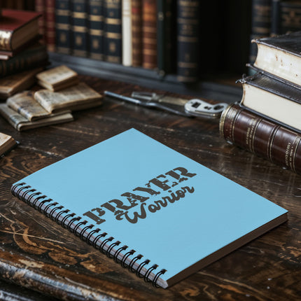 Light blue Christian spiral notebook with prayer warrior text in distressed lettering – 6x8 faith journal