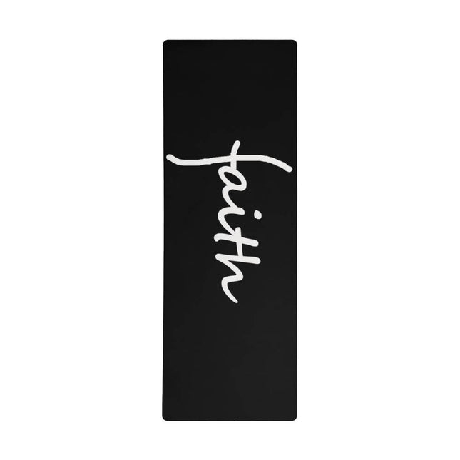 Black faith rubber yoga mat with white script – Christian workout mat for yoga and stretching