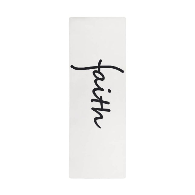 White faith rubber yoga mat with black script – Christian workout mat for yoga and stretching