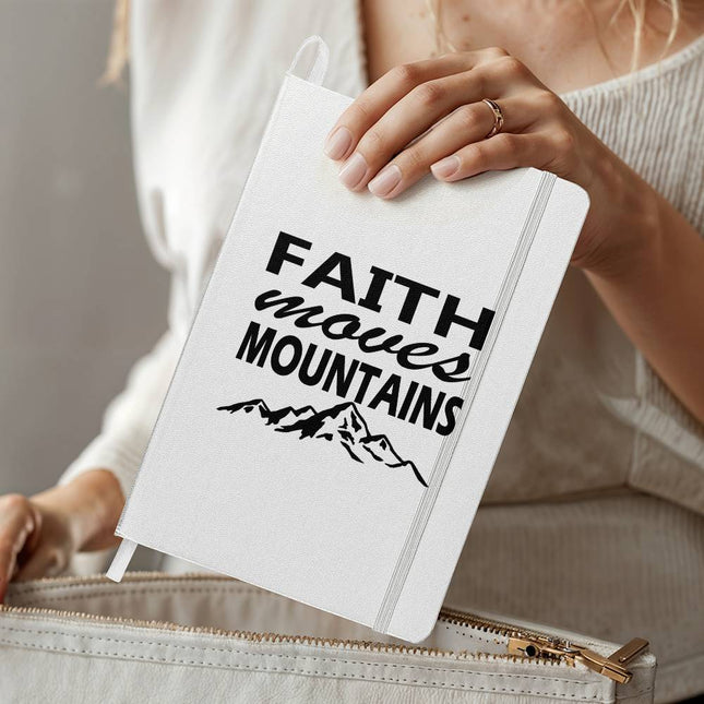 White ambassador bound journal with “Faith moves mountains” black lettering and mountain graphic – Christian prayer journal notebook