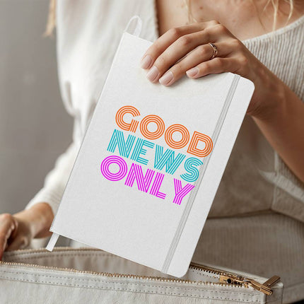 White ambassador bound journal with “Good News Only” colorful retro lettering in orange teal and pink – Christian notebook